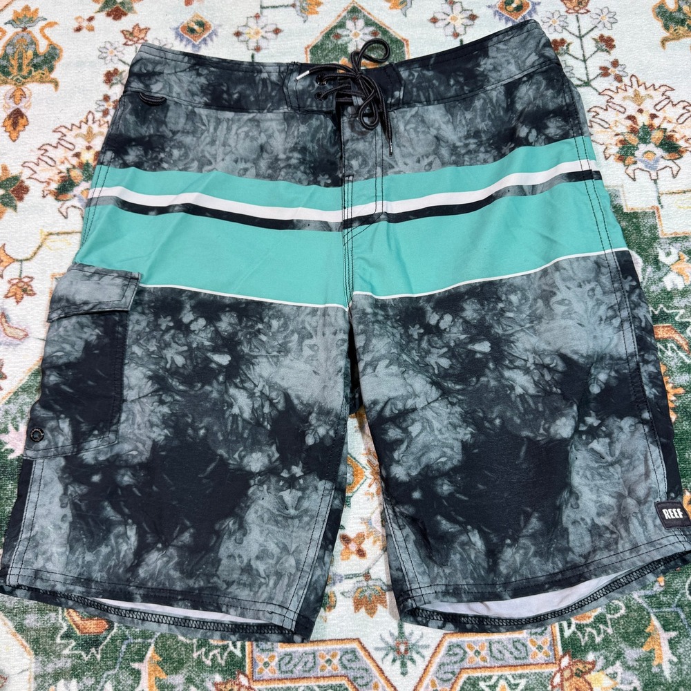 Reef Mens Swim Trunks Board Shorts Tie Dye‎ Aqua Striped Pocket